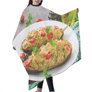 Personality  Eggplants Stuffed With Minced Chicken Meat And Vegetables On White Plate On Grey Background.  Hair Cutting Cape