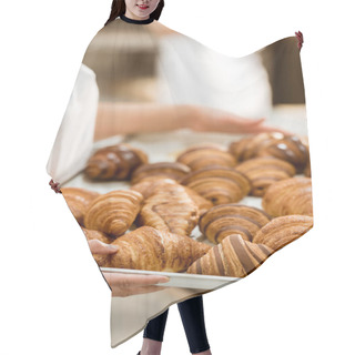 Personality  Cropped Shot Of Female Baker Holding Tray With Croissants On Baking Manufacture Hair Cutting Cape