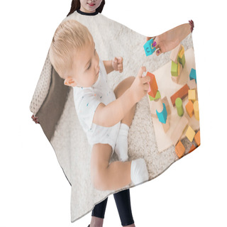 Personality  Angle View On Adorable Toddler Playing With Colorful Cubes In Nursery Room Hair Cutting Cape