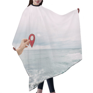 Personality  Cropped View Of Woman Holding Paper As Location Sign Near Mediterranean Sea Hair Cutting Cape