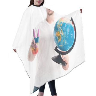 Personality  Cropped Image Of Man Holding Globe And Showing Peace Sign With Hand Painted In Rainbow Isolated On White, World Aids Day Concept Hair Cutting Cape