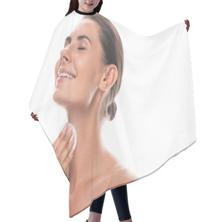 Personality  Nude Young Woman Using Cotton Pad With Closed Eyes And Laughing Isolated On White Hair Cutting Cape