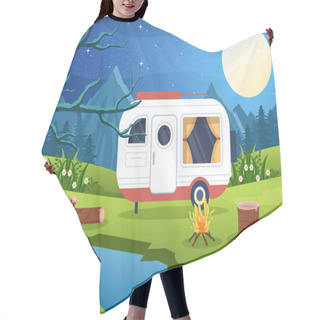 Personality  Camping Car Background Illustration With Tent, Camper Car And Equipment For People On Adventure Tours Or Holidays In The Forest Or Mountains Hair Cutting Cape