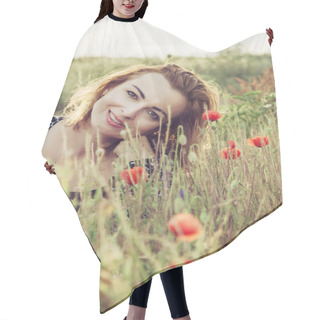Personality  Beautiful Woman Is Smiling And Posing In Poppy Flowers Field Hair Cutting Cape