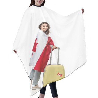 Personality  Smiling Woman Covered In Canadian Flag With Suitcase Isolated On White, Travel Concept Hair Cutting Cape
