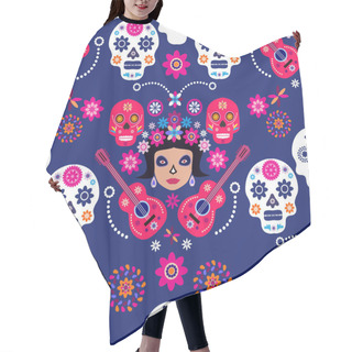 Personality  Mexican Seamless Pattern, Catrina Calavera  Sugar Skulls And  Marigold Flowers. Template  For Mexican Celebration, Traditional Mexico Skeleton Decoration. Dia De Los Muertos, Day Of The Dead  Halloween Vector Illustration Hair Cutting Cape