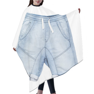 Personality  Denim Blue Shorts With The Effect Of Frayed Isolated On A White Background.Shorts With Elastic Waistband And Adjustable Drawstring. Front Pockets And Patch Back Pockets. Hair Cutting Cape