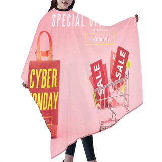 Personality  Red Tags With Sale In Shopping Trolley Near Paper Bag With Cyber Monday Lettering On Pink Hair Cutting Cape