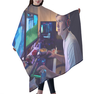 Personality  Teenage Boy Wearing Headset Gaming At Home Using Dual Computer Screens Hair Cutting Cape