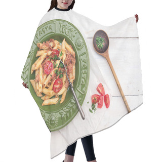 Personality  Pasta With Tuna And Tomatoes Sauce In Green Plate On White Wooden Hair Cutting Cape