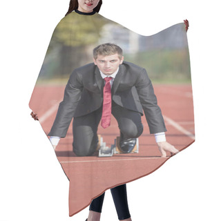 Personality  Business Man In Suit Starting And Preparing To Run On The Competition Running Performance Track Hair Cutting Cape
