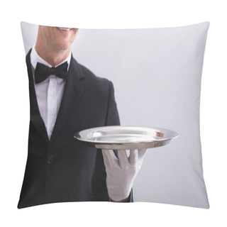 Personality  Close-up Of Waiter's Hand Holding Empty Silver Tray Against White Background Pillow Covers