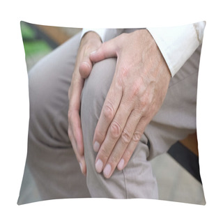 Personality  Retired Man Massaging Knee, Sitting On Bench, Inflammation Of Joints, Trauma Pillow Covers