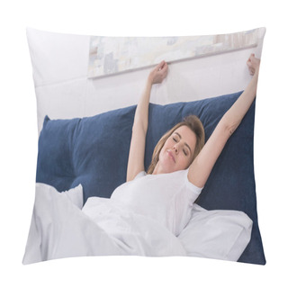 Personality  Portrait Of Woman Stretching After Sleep In Bed Pillow Covers