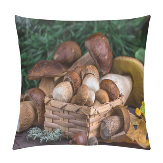 Personality  Mushroom Boletus In Wooden Wicker Basket. Boletus Edulis Over Wo Pillow Covers