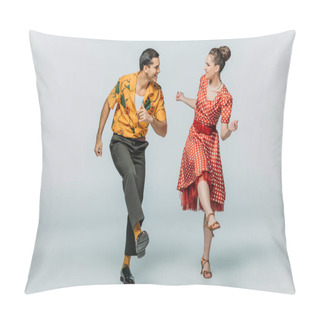 Personality  Stylish Dancers Looking At Each Other While Dancing Boogie-woogie On Grey Background Pillow Covers