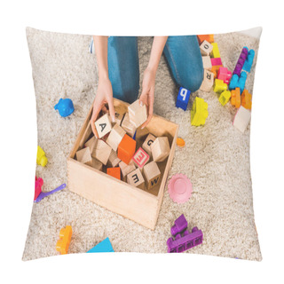 Personality  Cropped Image Of Woman Collecting Children Toys Pillow Covers