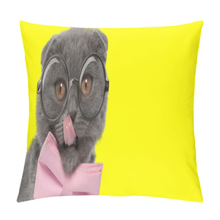Personality  Adorable Scottish Fold Kitty Wearing Glasses And Pink Bowtie Licking Nose On Yellow Background Pillow Covers
