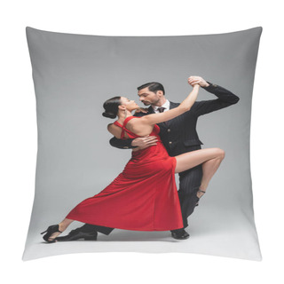 Personality  Full Length Of Elegant Couple Dancing Tango On Grey Background Pillow Covers
