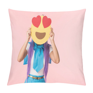 Personality  Anime Girl In Purple Wig Holding Infatuation Emoticon Isolated On Pink Pillow Covers