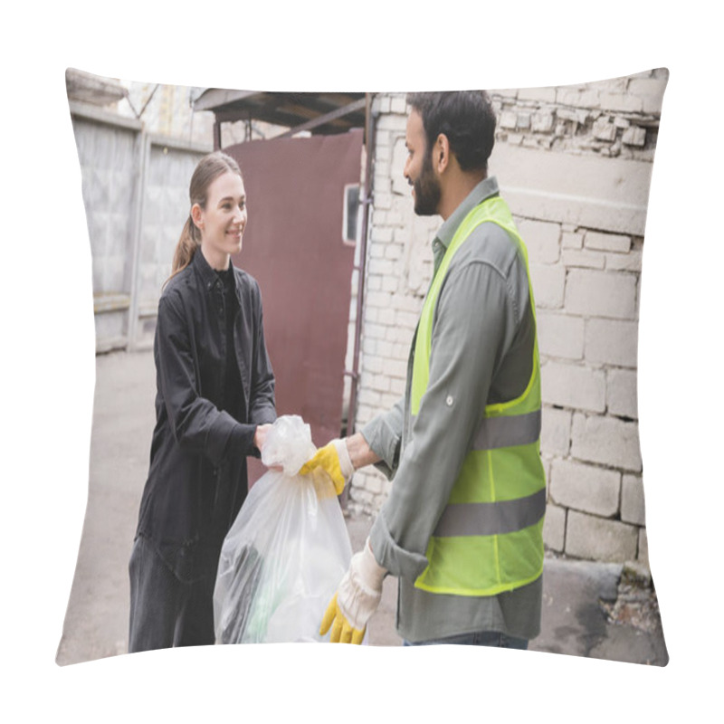 Personality  Smiling Young Volunteer Giving Plastic Bag With Trash To Indian Worker In Protective Vest And Gloves Outdoors In Waste Disposal Station, Garbage Sorting And Recycling Concept Pillow Covers