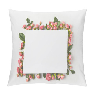 Personality  Blank Card And Beautiful Pink Roses With Green Leaves On Grey  Pillow Covers