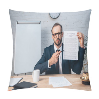 Personality  Selective Focus Of Bearded Lawyer In Glasses Holding Pen And Contract With Insurance Policy Lettering In Office Pillow Covers