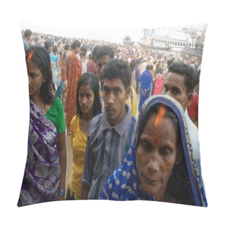 Personality  Bengalese Woman With Traditional Sindoor On Her Forehead On Kartik Purnima (Full Moon) Celebration At Babu Ghat, Kolkata, West Bengal, India  Pillow Covers