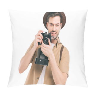 Personality  Handsome Smiling Young Man In Hat Holding Camera Isolated On White Pillow Covers