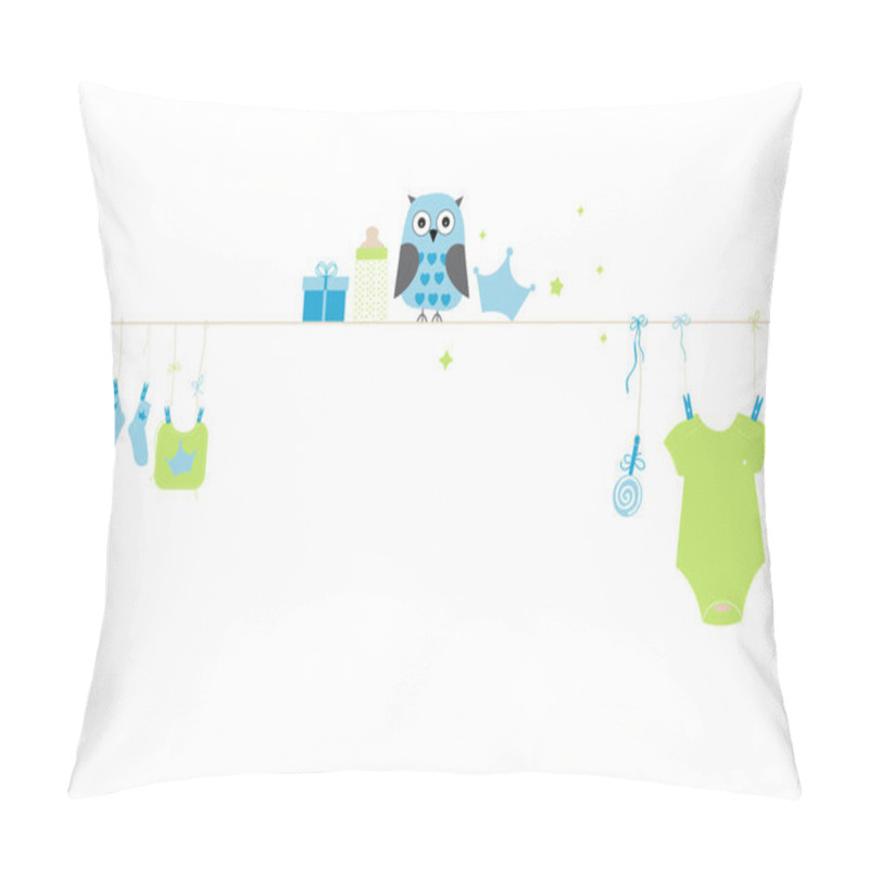 Personality  Newborn baby boy symbols with owl. Baby arrival greeting card vector pillow covers