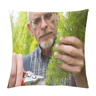 Personality  A Gardener In Overalls Cuts The Tips Of Branches, Close-up Pillow Covers