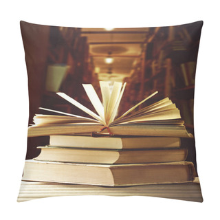 Personality  Stack Of Books On Table On Bookshelves Background Pillow Covers
