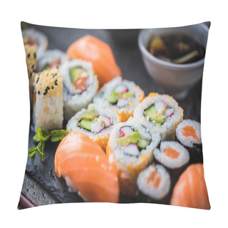 Personality  Close-up View Of Delicious Sushi Set On Slate Board Pillow Covers