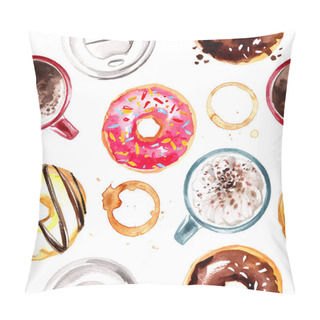 Personality  Pattern Of Candy-painted Watercolor. Donuts,  Coffee. Seamless Pattern Food Pillow Covers