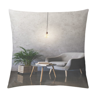 Personality  Interior Of Modern Room With Hanging Light Bulb, Table With Books, Plant And Armchair  Pillow Covers
