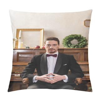 Personality  Elegant Gentleman In Formal Attire With Bow Tie Sitting Near Piano On Christmas Eve, Holiday Pillow Covers