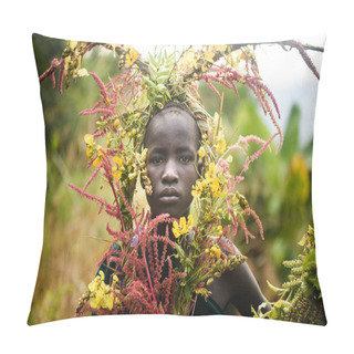 Personality  KIBISH, ETHIOPIA - AUGUST 22, 2018: Unidentified Woman From Surmi Tribe, With  Natural Decorations Of Leave And Flowers In A Wreath. Surmi Are Also Called Suri Or Surma Pillow Covers