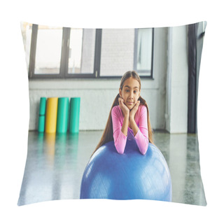 Personality  Jolly Little Girl With Long Hair In Pink Sportswear Posing With Fitness Ball, Hands Under Chin Pillow Covers