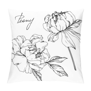 Personality  Vector Isolated Monochrome Peony Flowers Sketch And Handwritten Lettering On White Background. Engraved Ink Art.  Pillow Covers