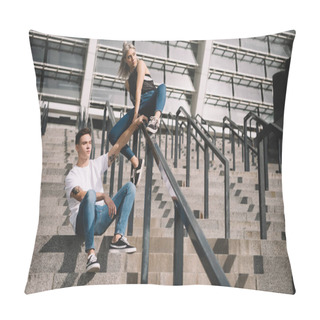 Personality  Stylish Sporty Young Couple With Backpacks Sitting On Stairs And Railings Pillow Covers