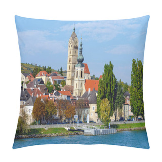 Personality  Shipping Pier At Krems At The River Danube With The Towers Of The Parish Church Saint Nicholas And The Former Frauenberg Church, Austria Pillow Covers