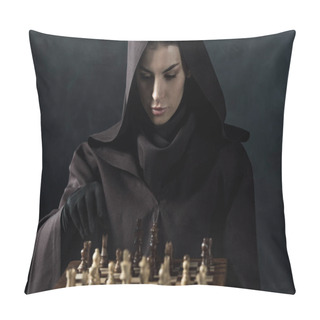Personality  Woman In Death Costume Playing Chess In Smoke On Black Pillow Covers