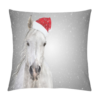 Personality  White Christmas Horse With Santa Hat On Gray Background Snowfall Pillow Covers