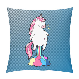 Personality  Cute Fat Unicorn Farting Rainbow. Unicorn Isolated Vector Icon. Pillow Covers