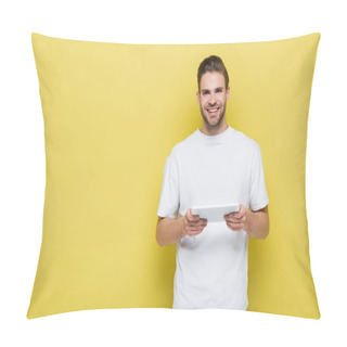 Personality  Happy Man In White T-shirt Holding Digital Tablet And Smiling At Camera On Yellow Pillow Covers