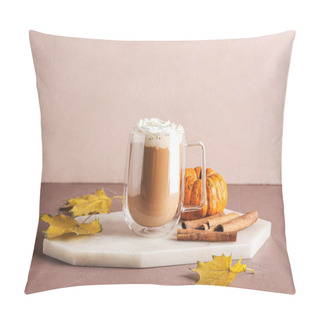 Personality  Cup Of Pumpkin Cappuccino On Color Background Pillow Covers