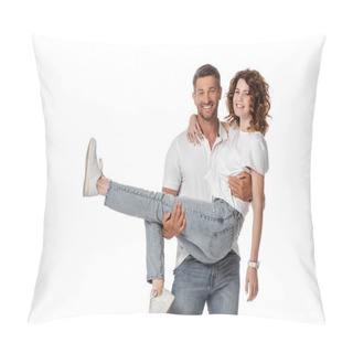 Personality  Cheerful Man Holding In Arms Curly Wife Isolated On White  Pillow Covers