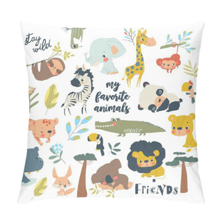 Personality  Vector Collection Of Cute Cartoon Animals From Different Continents Pillow Covers