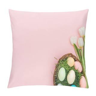 Personality  Top View Of Tulips And Easter Eggs In Wicker Plate Isolated On Pink With Copy Space Pillow Covers