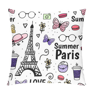 Personality  Seamless Pattern Summer Paris With Eiffel Tower And Butterfly. Vector Hand Drawn Sketch Isolated Pillow Covers